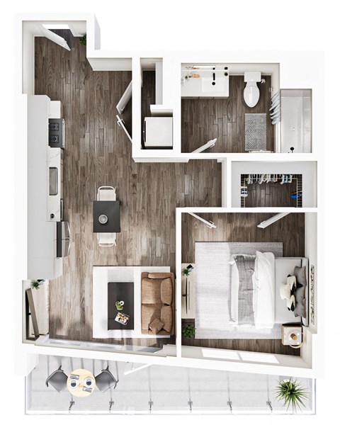 Floor plan for 1 bed, 1 bath, 649 sqft